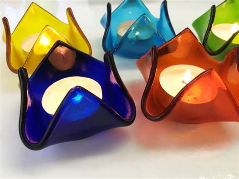 Chakra Colors Set Of 7 Rainbow Fused Glass Candle Holders Etsy