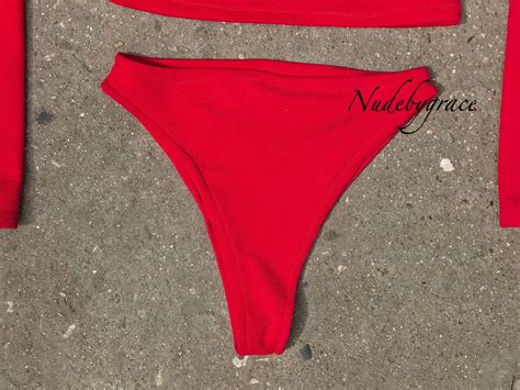 Red 2 Piece Set Long Sleeve Bandeau Top Bikini Sexy Bikini Etsy