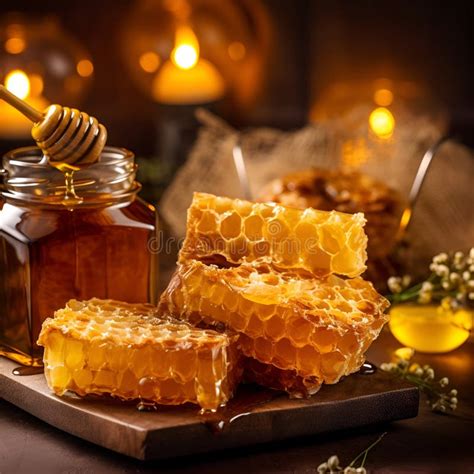 Honey Of Golden Colors In Jars And Honeycombs In The Foreground