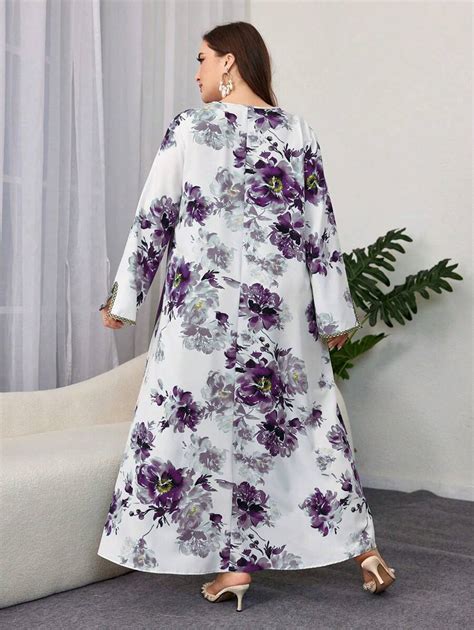 Shein Najma Plus Size Floral Printed Long Sleeve Arabian Maxi Dress