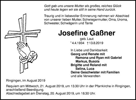 Traueranzeigen von Josefine Gaßner Südwest Presse Trauer