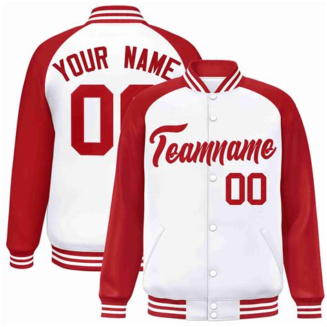 Custom White Red Raglan Sleeves Varsity Full Snap Letterman Jacket