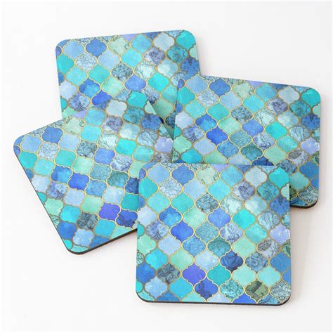 Cobalt Blue Aqua Gold Decorative Moroccan Tile Pattern Coasters