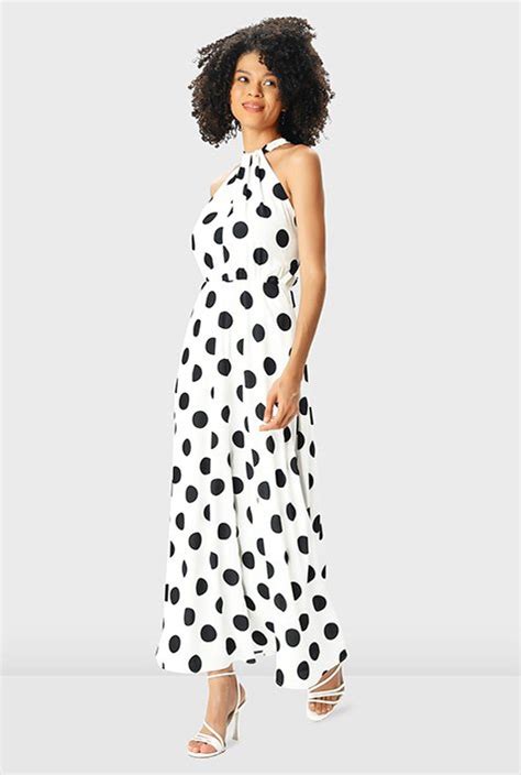 Shop Gathered Neckline Polka Dot Print Crepe Dress Eshakti