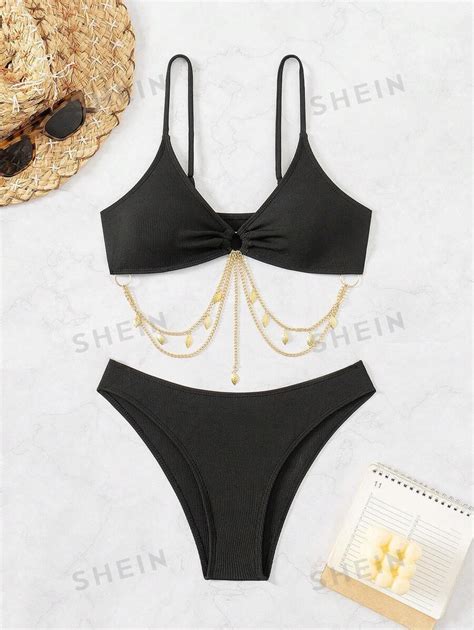 Shein Swim Women S Solid Color Circular Ring Connected Sexy Bikini Set