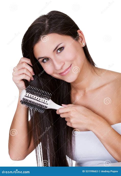 Smiling Woman Brushing Long Brunette Hair Stock Image Image Of