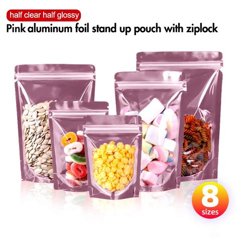 100pcs Half Pink Aluminum Half Clear Stand Up Pouch Resealable ...