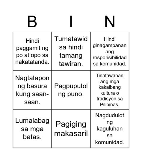 Paglabag Sa Pagmamahal Sa Bayan Bingo Card