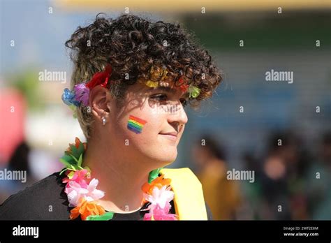 A Demonstrator During The Pompeii Pride A Gay Pride Parade In The City Of Pompeii In Italy