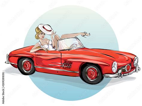 Vecteur Stock Pin Up Sexy Woman In Retro Red Car Pop Art Girl With Cabriolet Pin Up Summer