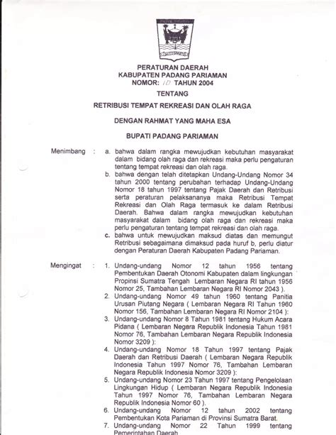 Perda Kab Padang Pariaman No 10 Tahun 2004 Tentang Retribusi Tempat