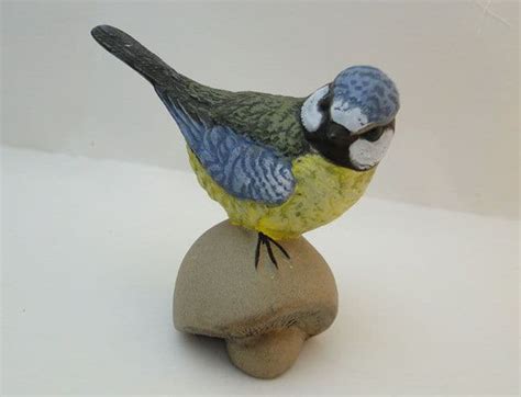 Poole Pottery Stoneware Acrylic Painted Blue Tit On A Mushroom