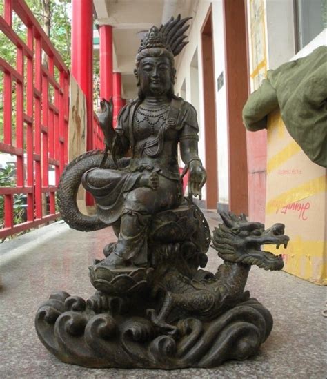 Tibet Fane Old Bronze Ride Huge Dragon Kwan Yin Bodhisattva Buddha