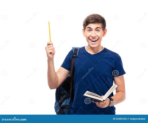 Cheerful Male Student Holding Book And Pencil Stock Photo Image Of