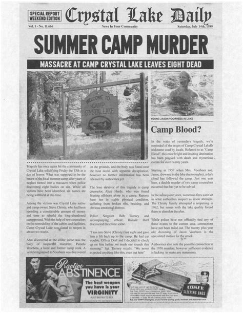 1980 Friday The 13th Crystal Lake Daily Summer Camp Murder Jason Voorhees Print Ebay