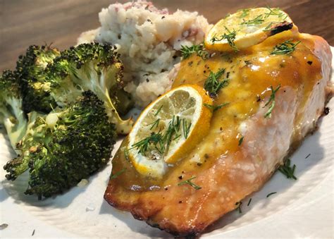 Honey Mustard Glazed Salmon With Mashed Potatoes Broccoli Feed The