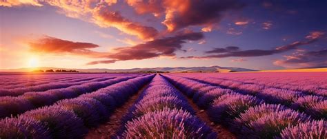 Premium Photo | Sunset Over French Lavender Fields