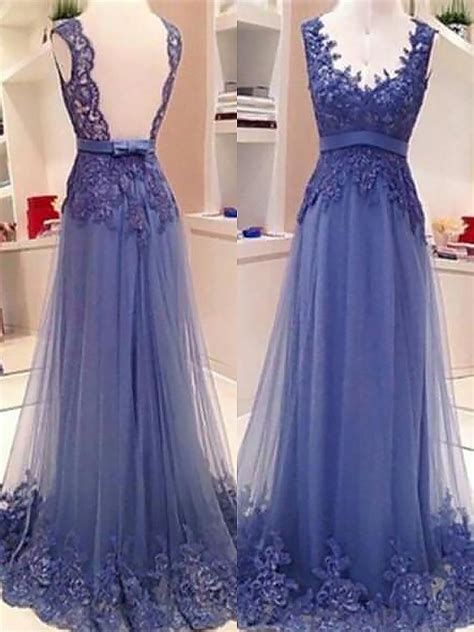 A Line Princess Sleeveless V Neck Tulle Applique Floor Length Dresses