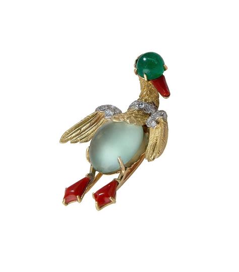 Cartier Coral Moonstone Emerald Diamond Gold Platinum Duck Pin Image 2