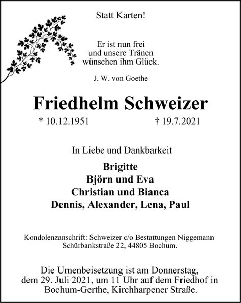 Traueranzeigen Von Friedhelm Schweizer Trauer In NRW De