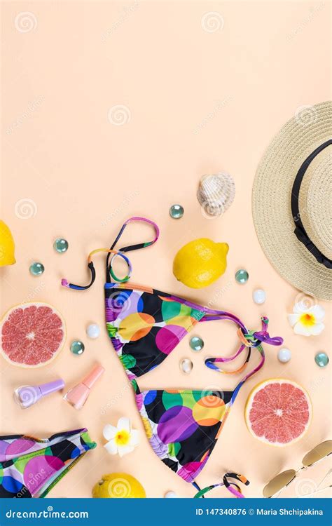 Bikini Swimsuit With Straw Hat Flowers And Fruits Flat Design Summer Concept Beach