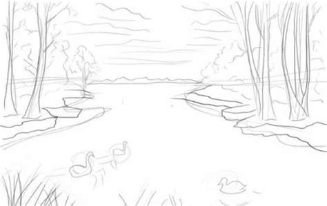 Simple Lake Sketch Images Sketch Coloring Page