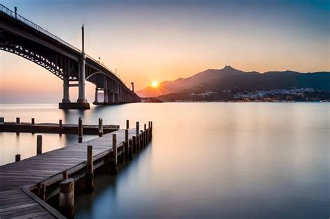 Premium AI Image | a bridge over a lake at sunset