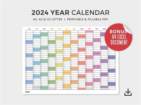 Jaarkalender 2024 PDF en Excel doc Afdrukbare en bewerkbare Etsy België