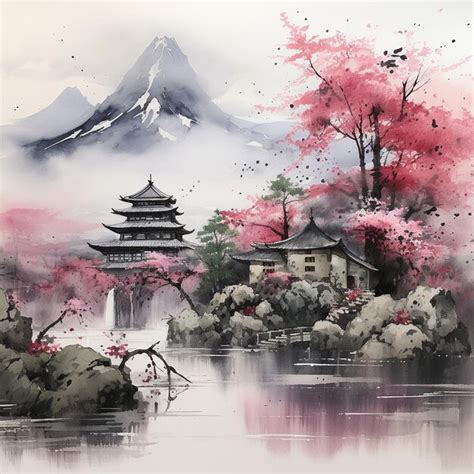 Premium AI Image | Japanese Landscape Ink Wash Painting