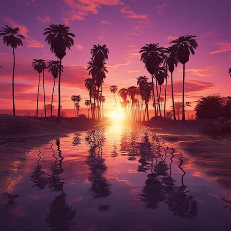 Premium AI Image | purple and gold sunset palm trees California