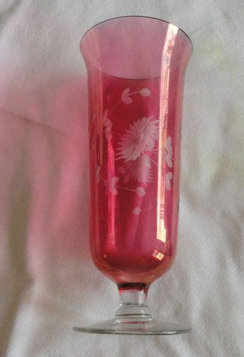 Antique Cranberry Glass Tall Vase With Etched Flowers Clear Base Cranberry Glass Tall Vases