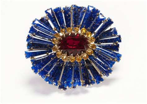 Schreiner New York Large Blue Red Yellow Crystal Ruffle Brooch