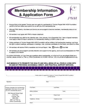 Fillable Online Pwatoronto Membership Information Application Form