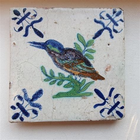 Antique Polychrome Tile With Kingfisher On A Branch Catawiki