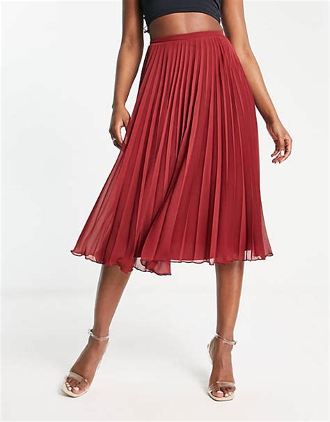 Asos Design Pleated Midi Skirt In Wine Asos