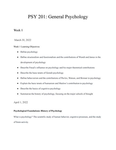 Psy Lecture Notes Psy General Psychology Week March