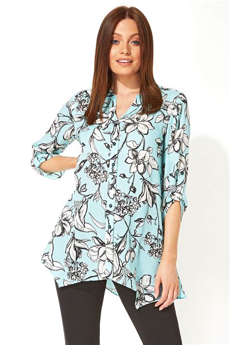 Floral Print Button Through Blouse In Turquoise Roman Originals Uk