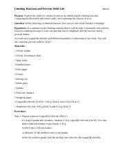 Limiting Reactant Lab Docx Limiting Reactant And Percent Yield Lab