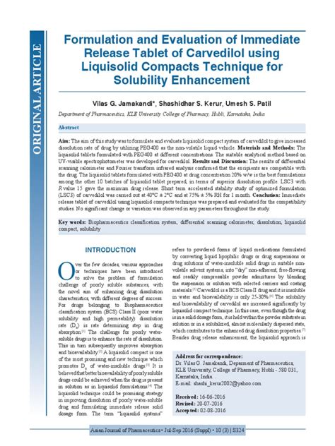 Formulation And Evaluation Of Immediate Release Tablet Of Carvedilol