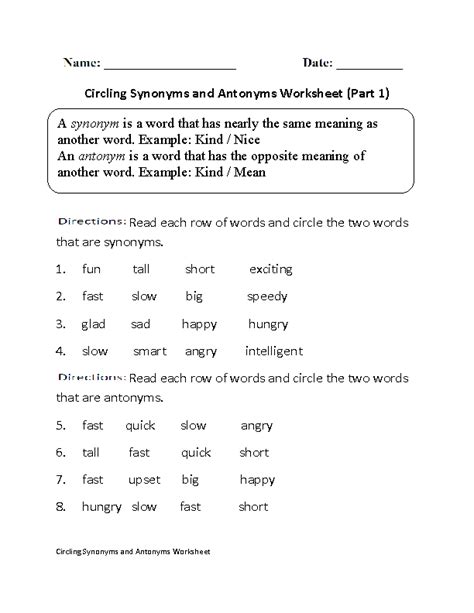 Synonym And Antonym Worksheets 2nd Grade