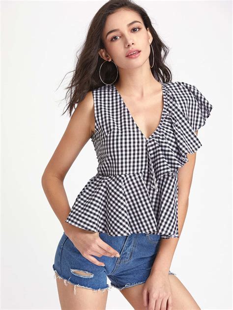 V Neckline Frill Trim Gingham Top Shein Sheinside