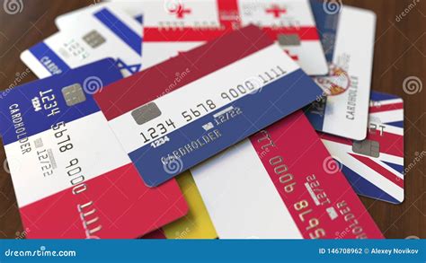 Many Credit Cards With Different Flags Emphasized Bank Card With Flag