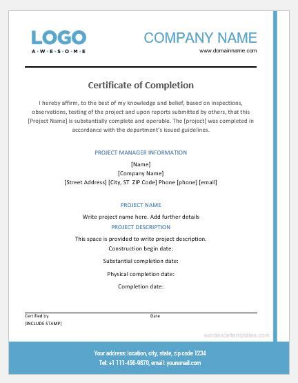 Project Completion Certificate Templates Word Excel Intended For