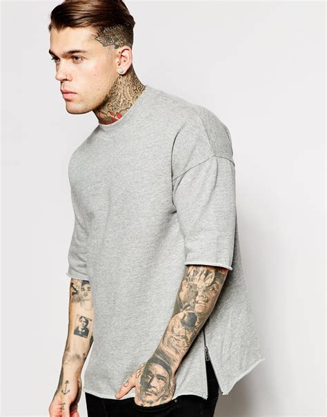 Asos Oversized Short Sleeve Sweatshirt With Side Zips In Gray For Men