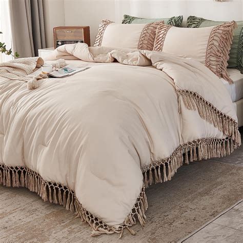 Andency Beige Comforter Set Queen 3 Pieces Boho Tassel