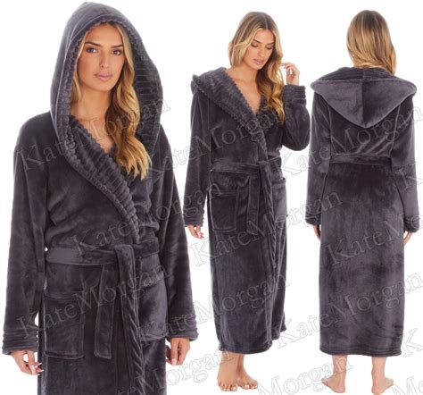 Ladies Dressing Gown Long Length Luxury Shimmer Fleece Hooded Gown New