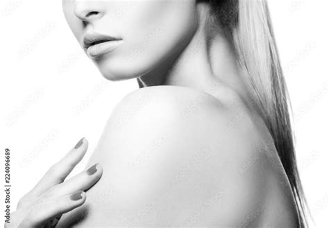 Part Of Girl Beauty Face Lips Hand And Shoulder Clean Skin Natural Nude Make Up White