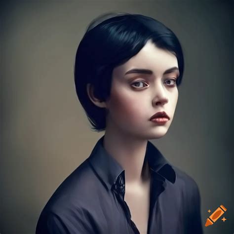 Melancholic Vintage Portrait Of A Beautiful Woman With Short Black Hair