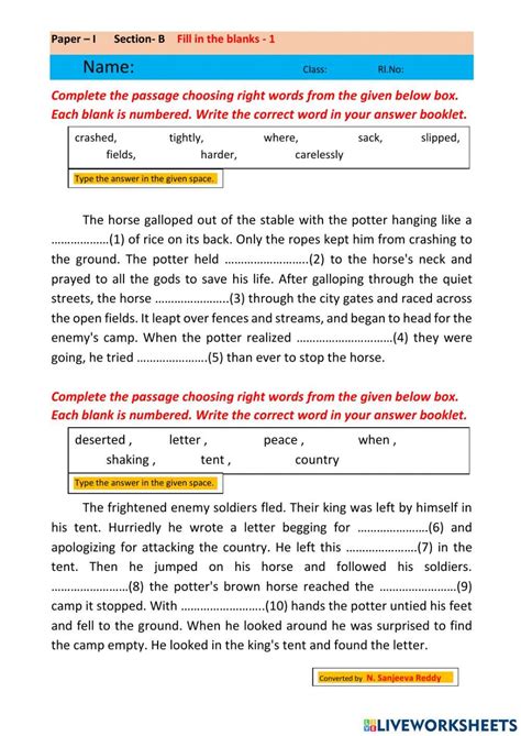 10 Class Unit 2 P I Sec B Fill In Blanks Worksheet Live Worksheets