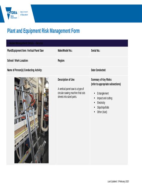 Plant And Equipment Risk Management Vertical Panel Saw Doc Template